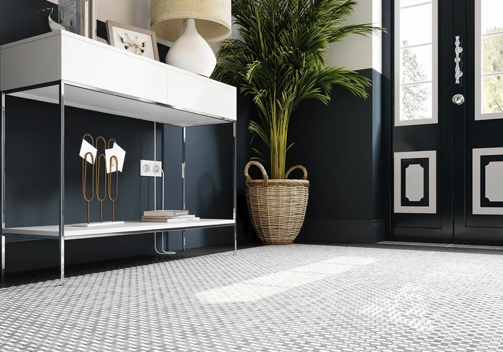 White tile, geometric, on a blue bathroom