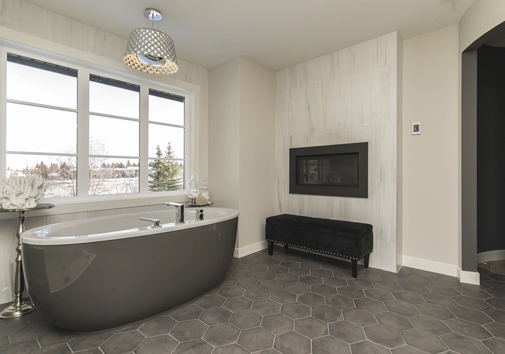 bathroom, with beautiful black tiles