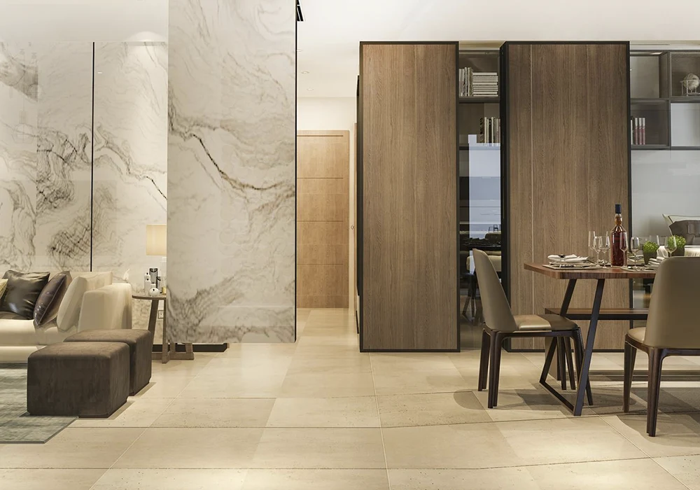 luxury kitchen, tile white and a beautiful chair and table