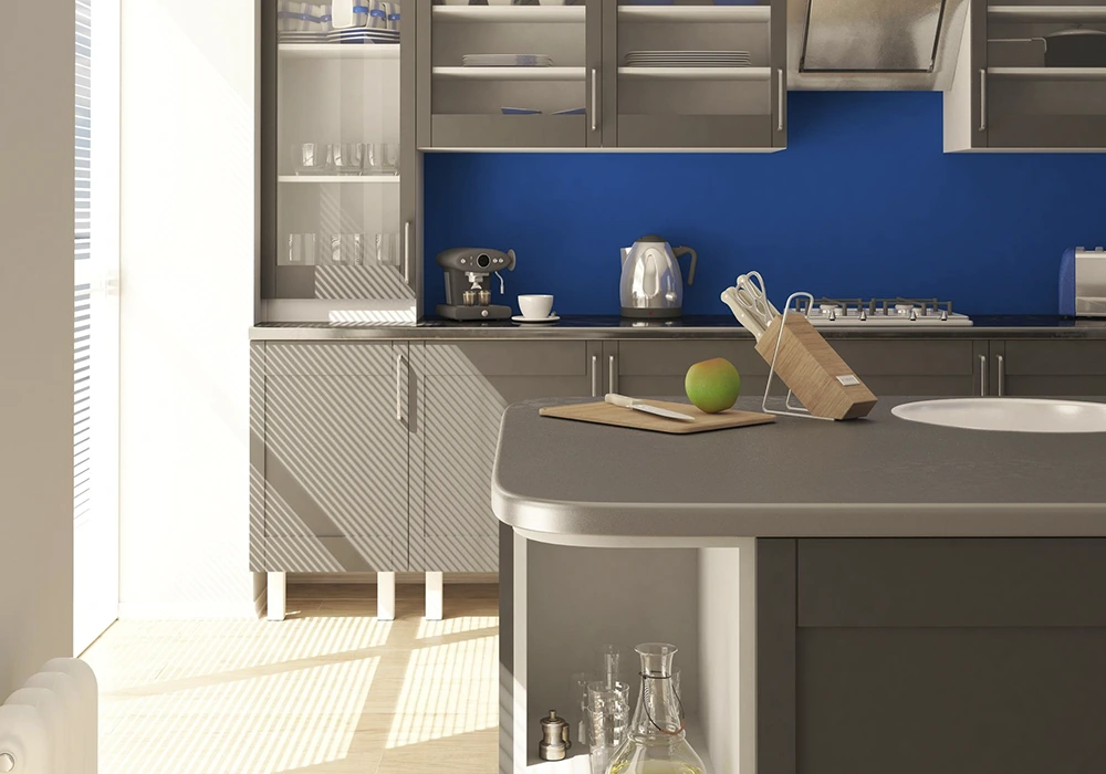 kitchen, with countertop and blue wall