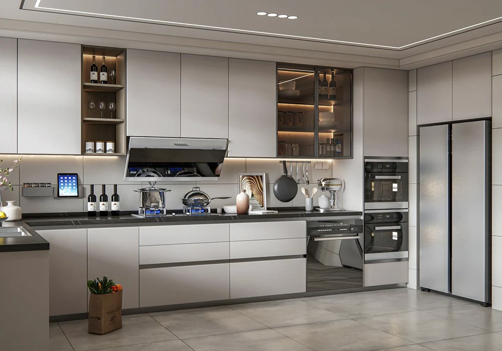 beautiful white kitchen with pans and items