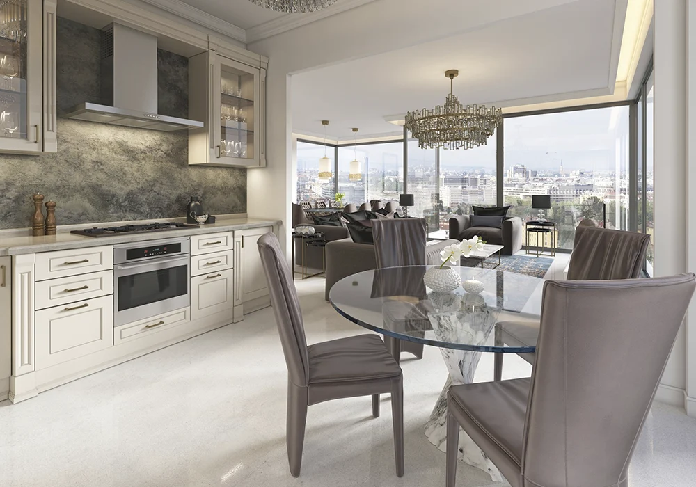 luxury kitchen with view from large window